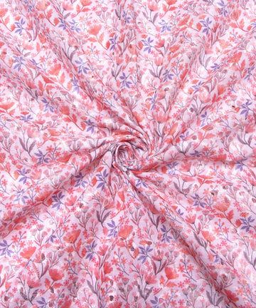 White Color Floral Digital Printed Cotton ChikanKari Embroidery Fabric